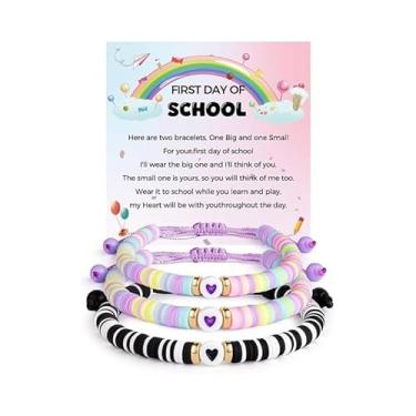 Imagem de VIYPDRST Conjunto de pulseiras combinando "First Day of School" Mommy and Me, presentes de volta às aulas, ajustável, combinando, coração, desejo, pulseira de coração, contas de argila, conjunto de