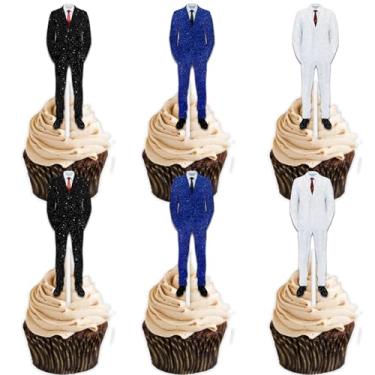 Imagem de 18pcs Black White Blue Glitter Suit Cloth Dessert Cupcake Topper Pick for The Myth The Legend Gentleman Male Theme Decorations Men Boys Happy Birthday Party Decor Supplies