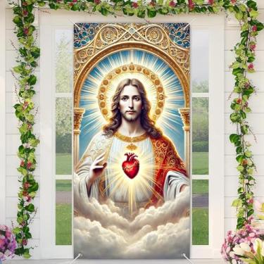 Imagem de BlissYard Capa de porta de Natal para portas de inverno 188 x 89 cm design de retrato de Jesus Cristo Sagrado Elegante Grande Religioso Decoração de Porta de Feriado Reverente Banner de boas-vindas