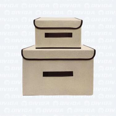 Imagem de Caixa Organizadora de Roupas, Conjunto com 2 Peças, Bege com Acabamento Marrom, com Tampa