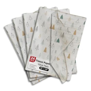 Imagem de Papel de seda estampado de árvore de abeto de Natal para sacos de presente ou caixas e embrulho - papel de seda decorativo de férias de inverno para embalagem e presente | 24 folhas 50,8 cm x 76,2 cm