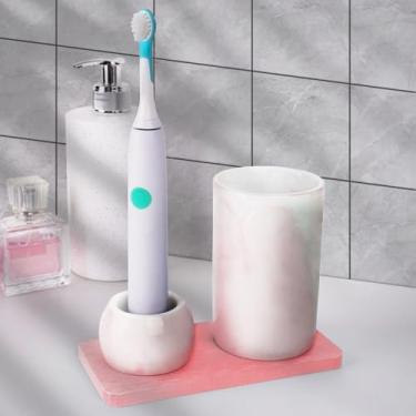 Imagem de Suporte de escova de dentes de cerâmica e copo de escova de dentes com bandeja de diatomita para banheiro, copos de copo reutilizáveis, copo de enxaguante bucal, organizador de armazenamento de balcão