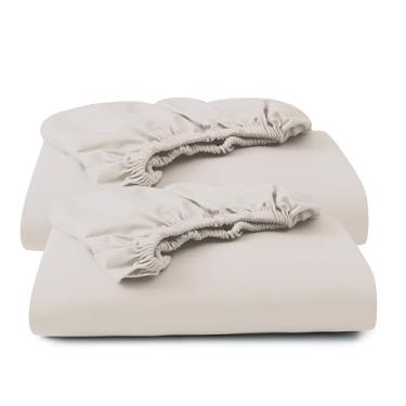 Imagem de Pacote com 2 lençóis King Size 100% algodão egípcio, 600 fios, lençol de baixo de cetim com bolso profundo de 20,3 a 40,6 cm, macio, respirável, confortável e de qualidade de hotel (king, bege claro)