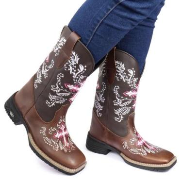 Imagem de Bota Texana Bico Qudrado Bordada CouroE Cano Sintetico Arietto, Marrom