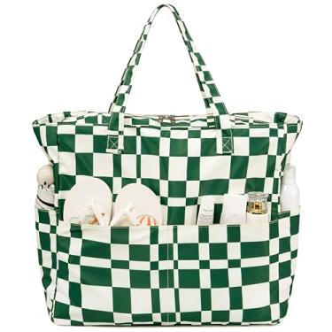 Imagem de Sacola de praia à prova d'água para mulheres, mulheres, extragrande, bolsa de ginástica, bolsa de mão com compartimento molhado para viagens de fim de semana, Xadrez verde e branco, X-Large, Bolsa de
