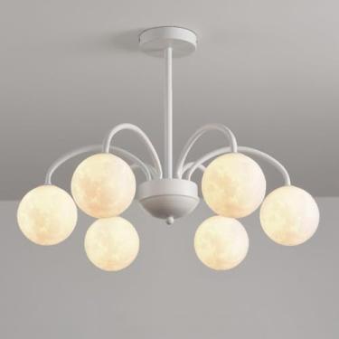 Imagem de Lustre Leite Branco Lustres Modernos Metal Teto Luz com Impressão 3D Bola da Lua Nordic Pendurado Lâmpada Pendente Luz para Quarto Cozinha Ilha Sala de Jantar Sala de Estar, Branco-6 Luzes
