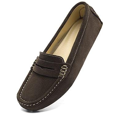 Imagem de Osslue Mocassim feminino de camurça, casual, estilo penny, retrô, mocassins para dirigir mocs confortável, sem cadarço, moderno, sapatilha clássica, Café, 10