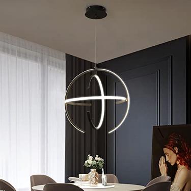 Imagem de Lustre moderno de LED regulável, luminária pendente contemporânea de acrílico para sala de jantar, cozinha, quarto, sala de estar, design de globo com 3 anéis, preto, 45 x 45 cm (18 x 18 pol