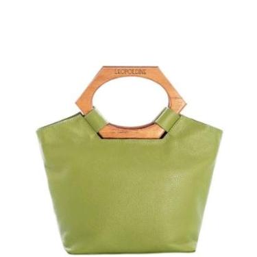 Imagem de Bolsa Feminina Leopoldine Couro Legítimo Verde com Alças de Madeira e Alça Tiracolo Removível-Feminino