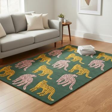 Imagem de Tapete de lã de safári na selva adornado à mão inspirado na passarela – estampa animal, tapete verde de pelúcia e grosso | Decoração de casa elegante para sala de estar, quarto, sala de jogos e