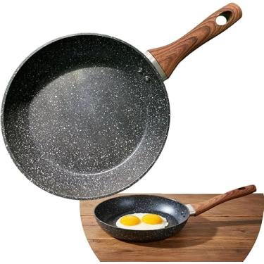 Imagem de Frigideira Antiaderente Ceramica Marmorizada Frita Sem Óleo 24cm Funda Cabo Madeira Não Gruda Fogão Indução