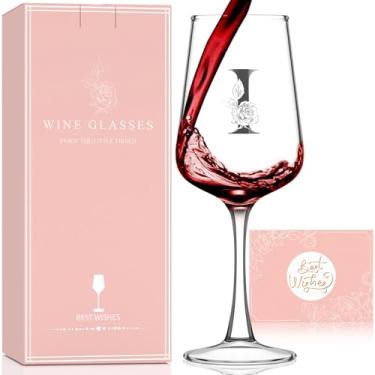 Imagem de Presentes de taça de vinho com monograma para mulheres - Taças de vinho personalizadas de A-Z com caixa de presente e cartão de felicitações | Dia das Mães, aniversário, presentes de aniversário para