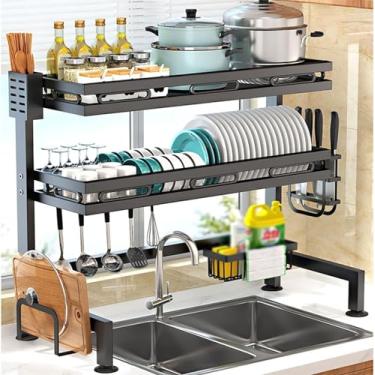 Imagem de AKALNNB Escorredor de louças grande de aço inoxidável premium com suporte de utensílios acima da pia organizador de prateleiras antiderrapantes