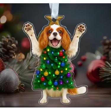 Imagem de Enfeite de acrílico para cães Cavalier King Charles Spaniel de Natal - Enfeites de árvore de Natal para cães fofos - Decoração divertida - Pendurado em árvore de Natal