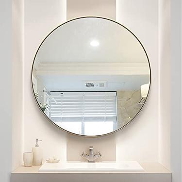 Imagem de Espelho cosmético espelho de banheiro espelho suspenso para moldura de parede nórdico moderno redondo espelho de maquiagem com aço inoxidável, para quarto de banheiro
