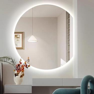 Imagem de Espelho de toucador montado na parede com interruptor tátil de 39" × 35", espelho de casa de banho LED anti-embaciamento, espelho decorativo retroiluminado inteligente, espelho de parede de meia lua