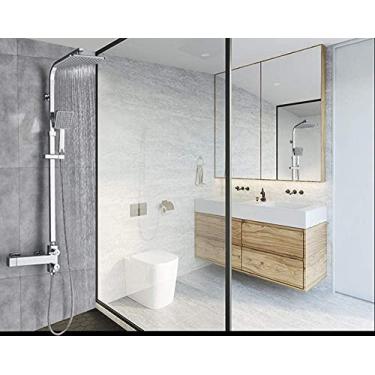 Imagem de CUTPOIY Conjunto de chuveiro cromado brilhante torneira termostática misturadores de chuveiro de chuva 20 cm coluna de chuveiro com chuveiro de mão termostato