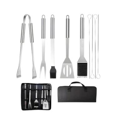 Imagem de Conjunto de Utensílios Churrasco Profissional De Inox Grill Espeto Grelha 9 Peças Gourmet