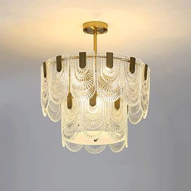 Imagem de YQSLQZZ Lustre de corte francês, luminária pendente de ouro de vidro moderno, luz de teto de luxo americana seminivelada, para sala de estar, quarto, sala de jantar, com extensão 2 postes longos