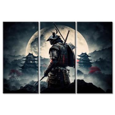 Imagem de 3 painéis Samurai da Idade Média Decoração de sala de estar Samurai em pé na frente de uma lua cheia, pintura de parede, arte moderna para paredes, pôsteres e impressões emolduradas prontas para