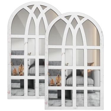 Imagem de 2 peças espelho de janela arqueado retro entrada parede espelho decalque acrílico retangular vidraça espelho moldura madeira decoração de parede para sala de estar entrada sala de jantar quarto 44 x
