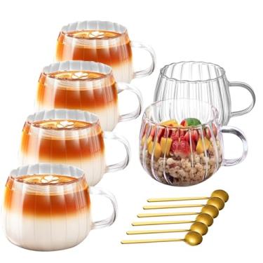 Imagem de Viovian Canecas de café de vidro transparente de 355 ml, conjunto de 6 xícaras de café com nervuras com alças modernas e fofas canecas de chá de vidro para bebidas quentes/cappuccino/latte/cereal