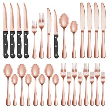 Imagem de Conjunto de talheres de ouro rosa com 36 peças, serviço de facas de bife, conjunto de talheres de aço inoxidável, conjunto de talheres polidos espelhados, utensílios de mesa para cozinha, inclui