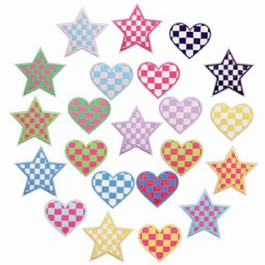 Imagem de 22 peças de remendos quadriculados de coração de ferro, aplique bordado multicolorido em forma de estrela, emblema costurado, remendos bordados para roupas, mochilas, jeans, jaqueta, chapéus, bolsas