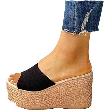 Imagem de Bigfanshu Sandália feminina fashion 2020 nova verão peep-toe salto alto casual anabela, Preto, 38 BR