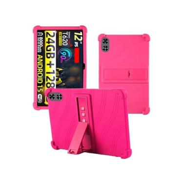 Imagem de Capa para tablet SVITOO P12 Android 15 de 12 polegadas, capa protetora de borracha leve à prova de choque, suporte ajustável de silicone macio para crianças, vermelho rosa.