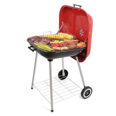 Imagem de Paxlloonge Churrasqueira a carvão portátil de 56 cm, grande para churrasqueira com roda e alça, adequada para festas ao ar livre, acampamento, piquenique (vermelho)