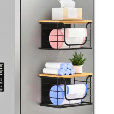 Imagem de Prateleira magnética para organizador de saco de lixo de geladeira, pacote com 2 suportes empilháveis de saco de lixo com tampa de bambu, caixa de armazenamento magnético para geladeira, embaixo da