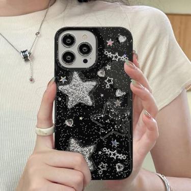 Imagem de Compatível com iPhone 16 Pro Max 3D Bling Stars Clear Case, Cute Clear Glitter Hearts, Y2K SparkTransparent Design para mulheres TPU macio à prova de choque protetor para iPhone 16 Pro Max-Preto