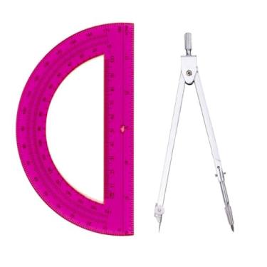 Imagem de Conjunto de matemática de geometria estudantil, bússola de desenho e transferidores de braço oscilante transparente de 15 cm transferidor de matemática de 180 graus (rosa)