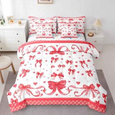 Imagem de Feelyou Conjunto de edredom com laço e 7 peças, solteiro, princesa, sonhadora, para crianças, meninos, meninas, lençol com laço fofo em uma bolsa, corações de amor, decoração de quarto, microfibra