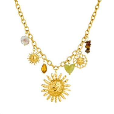 Imagem de Kokoma Colar feminino com pingente de sol martelado, pingente de pérola simulada, coração, sol, rosto, gargantilha de aço inoxidável, ajustável, joia moderna