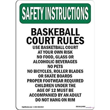 Imagem de JINKAIRUI Placa de aviso de rua instruções de segurança regras de quadra de basquete use basquete metal estanho placa de arte decoração de parede sinais de aviso de segurança para uso externo e