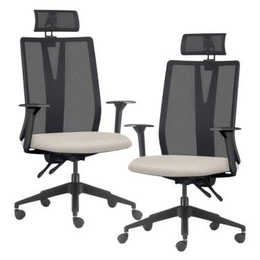 Imagem de Kit 2 Cadeiras Escritório Giratória Presidente Flow F02 Base Preta Linho Bege Claro - Lyam Decor