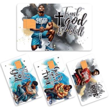 Imagem de Zaamwoyy 4 peças de película de cartão de crédito cristão, adesivo de cartão de débito religioso para homem negro, conjunto de capa de decalque inspirador personalizado para chaveiro faça você mesmo