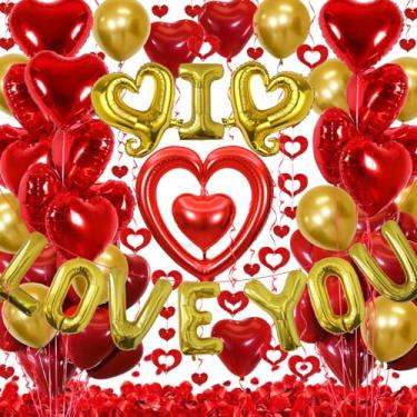 Imagem de Balões dourados I LOVE YOU para decorações de dia dos namorados, balões de coração vermelhos e dourados, balão de látex, decoração de coração para decoração de casamento, decorações de aniversário de
