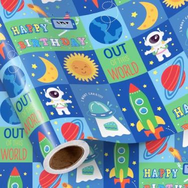 Imagem de RUSPEPA Rolo de papel de embrulho de aniversário espacial, mini rolo, foguete, astronauta, planetas e design de OVNIs, feliz aniversário e decolagem! Embrulho de presente divertido para meninos, 43 cm