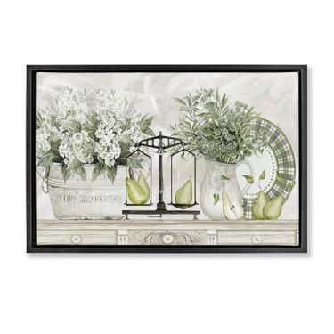 Imagem de Stupell Industries Flores e peras na prateleira, moldura dourada, tela flutuante, arte de parede, design por Cindy Jacobs, 21 x 31