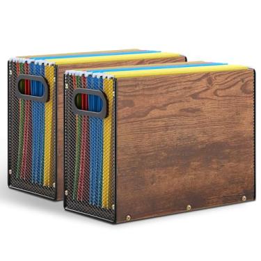 Imagem de AmazingSpark 2 pacotes de caixa organizadora de pasta de arquivos suspensa com alças para pastas tamanho carta organizador de arquivos vintage para mesa caixa de armazenamento com economia de espaço