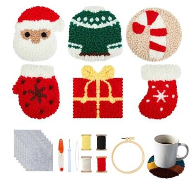 Imagem de yesJRL Kit de porta-copos de agulha, conjunto de 6 agulhas para iniciantes e adultos, kit de porta-copos fáceis com feltro adesivo, fios, argola de bordado (Natal vermelho)