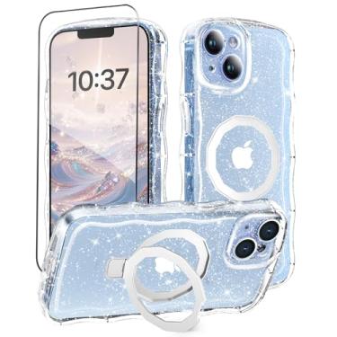 Imagem de MIODIK Capa compatível com iPhone 13/iPhone 14 com protetor de tela, suporte integrado sem costura e proteção de câmera atualizada, [compatível com MagSafe] Capa de celular ondulada com glitter