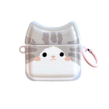 Imagem de Capa de fone de ouvido de gato cinza sorridente para AirPods Pro 3 (2025), linda linda capa de silicone TPU macio com rosto de gato feliz, capa protetora para AirPods Pro 3 (2025), capa protetora à
