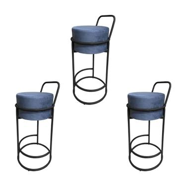 Imagem de Kit 3 Banquetas Alta Redonda Base Preta Veludo - Cinza