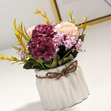Imagem de GOWENIC Decoração de Flores Em Vaso de Hortênsia de Seda Flores Completas Trazem Calor para Sua Casa Bacia de Cerâmica Decoração de Mesa de Jantar (Branco)