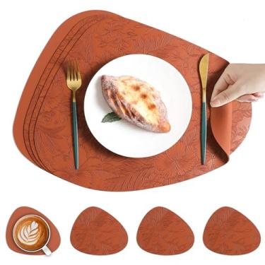 Imagem de Jogo americano de couro PU, conjunto de 4, tapetes de mesa florais em relevo em forma de gota d'água, resistente ao calor, para mesa de jantar, fácil de limpar (marrom)