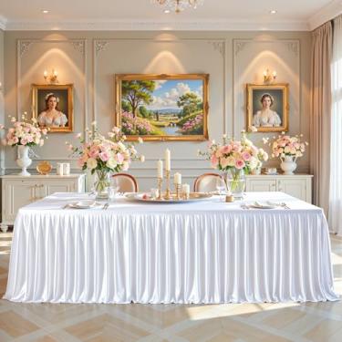 Imagem de Toalhas de mesa retangulares de cetim branco, 1,2 m, com glitter, elastano, elásticas, resistentes a vincos, comprimento até o chão, saia de mesa plissada brilhante para casamentos, festas de chá de